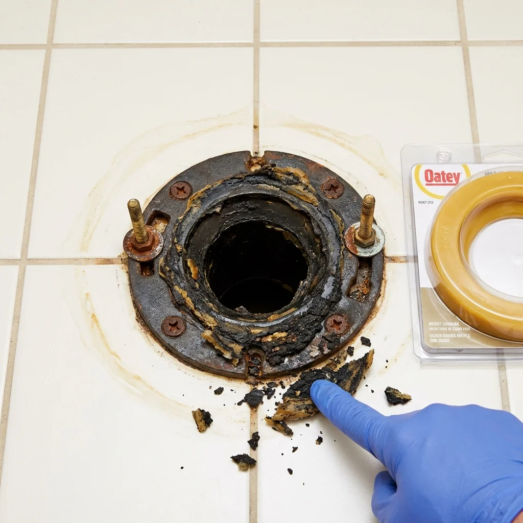 Failed wax ring showing water seepage at the base of a toilet in a Union City, GA home