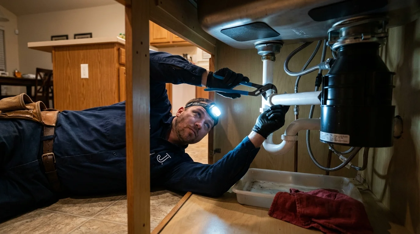 P-trap and supply line connections under a kitchen sink showing a common leak point in Union City, GA